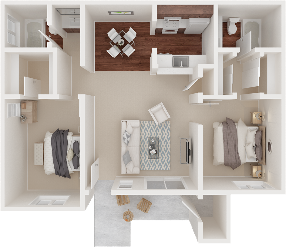 Floor plan for 2 beds, 2 baths, 909 sqft